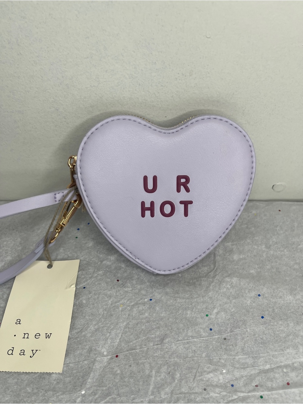 NWT a new day Lilac Heart Wristlet with Maroon Text